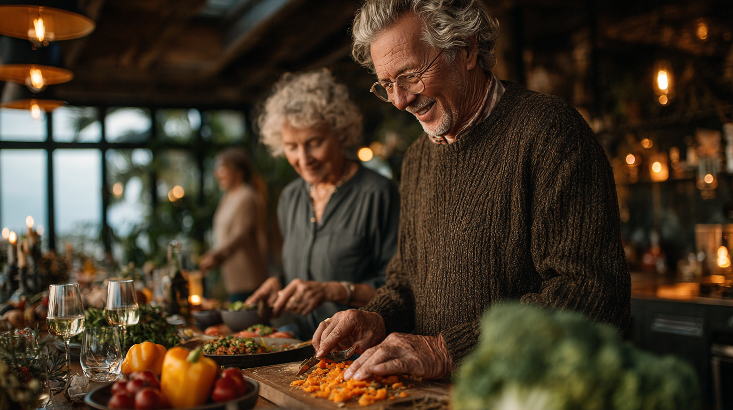 Seniori fericiți la masă cu alimente sănătoase